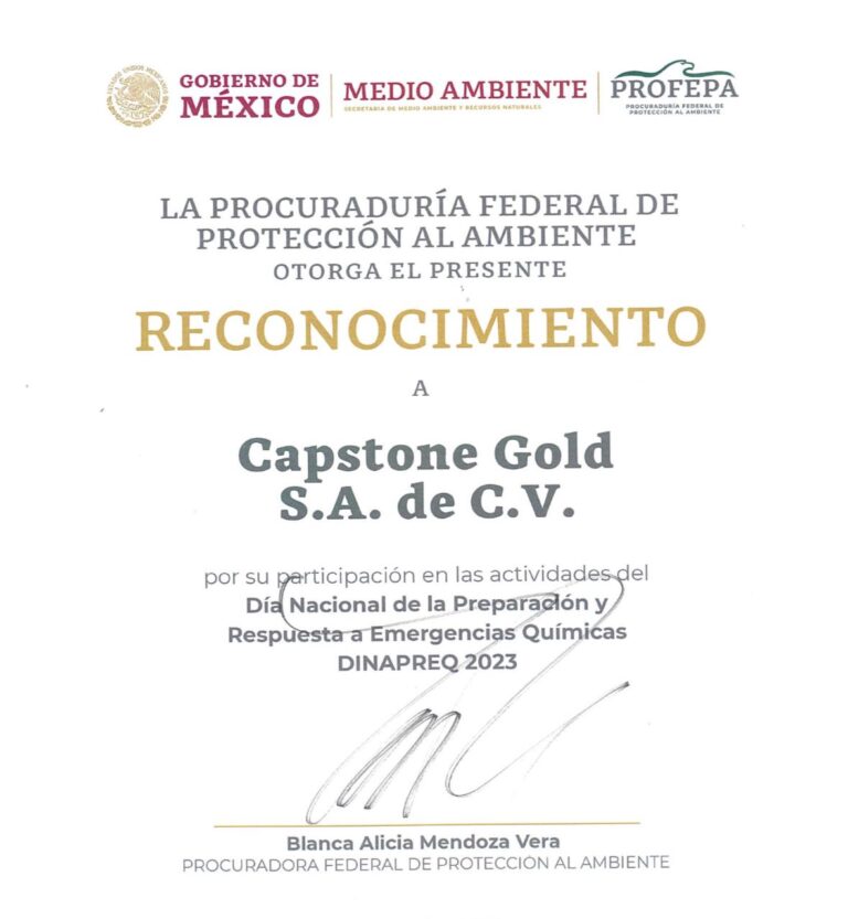 Reconoce PROFEPA a Capstone Copper por prevención de emergencias químicas