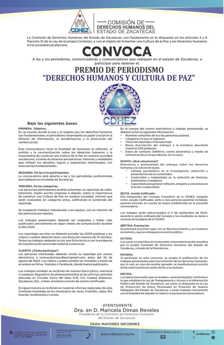 Convoca CDHEZ al premio de periodismo “Derechos Humanos y Cultura de Paz”