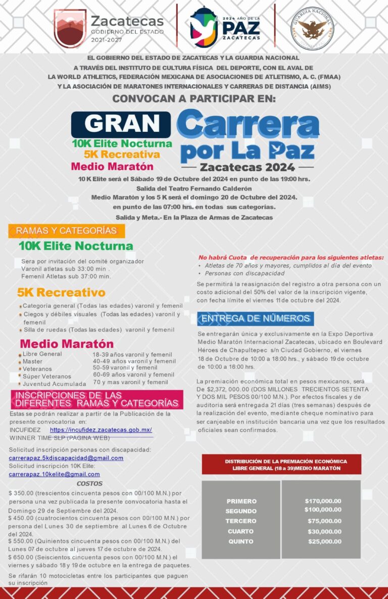 Invitan a Gran Carrera por la Paz Zacatecas 2024,