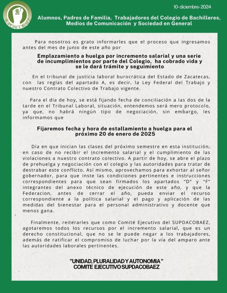 Fija Supdacobaez fecha para estallar a huelga