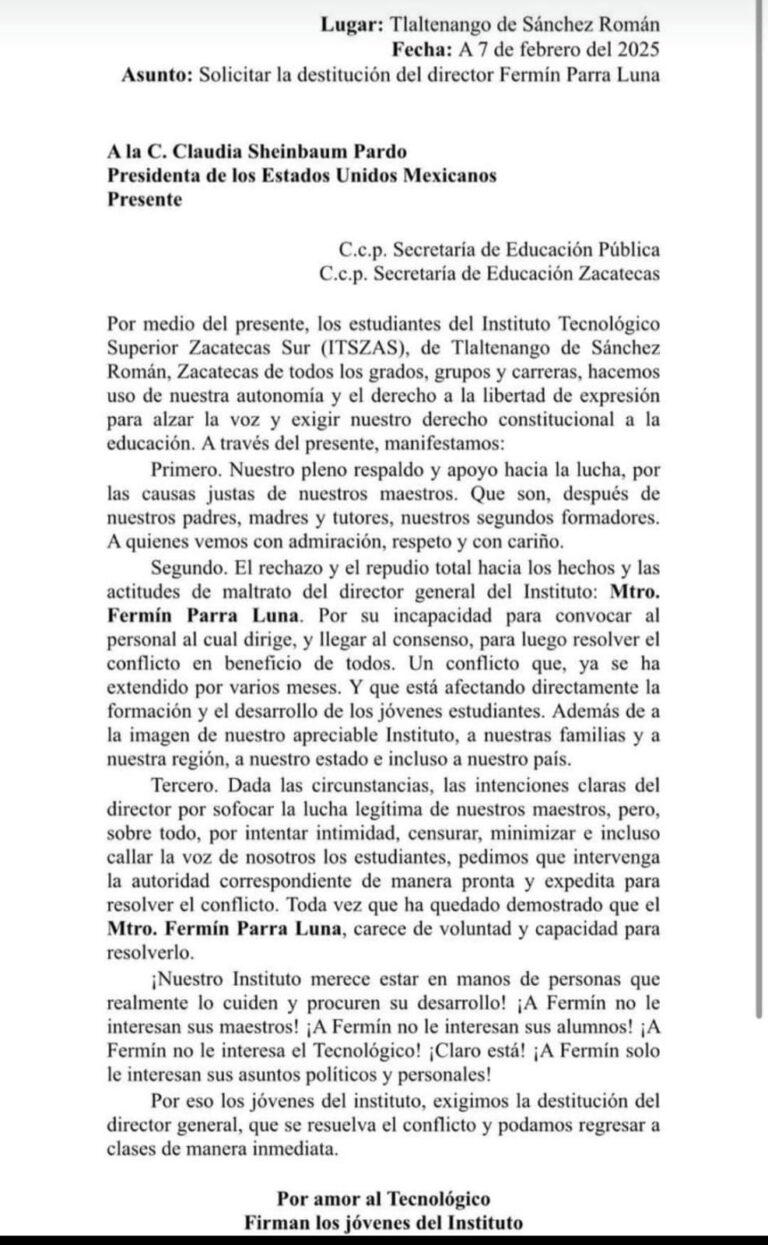 Alumnos de ITSZS envían carta a Sheinbaum; piden destitución del director
