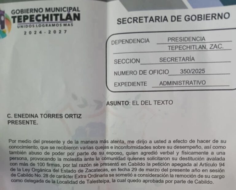 Destituyen a delegada en Tepechitlán; su pareja agrede a un poblador