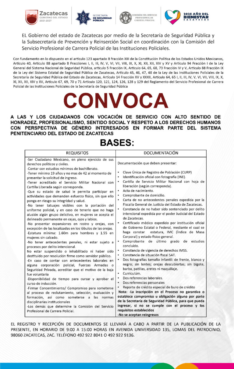 Emiten convocatoria para formar parte del Sistema Penitenciario