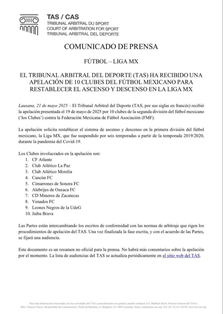 TAS confirma demanda