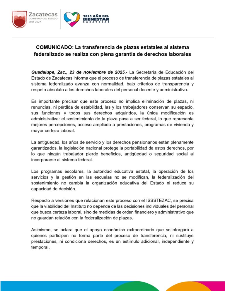 Con transparencia, transferencia de plazas: SEZ