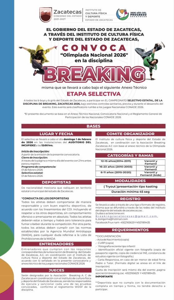 Zacatecas convoca a selectivo de Breaking