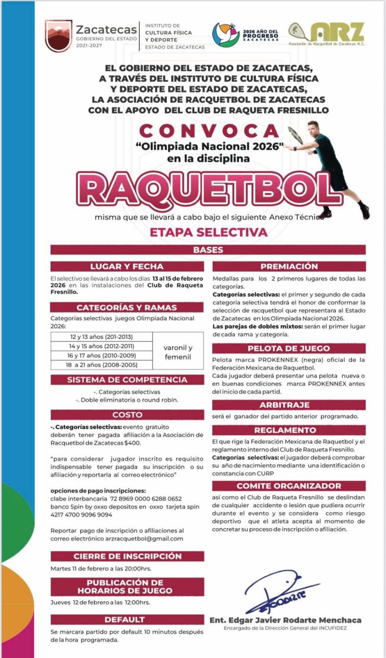 Abren convocatoria estatal de Raquetbol