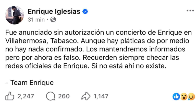 Desmiente Enrique Iglesias show en Feria Tabasco 2026