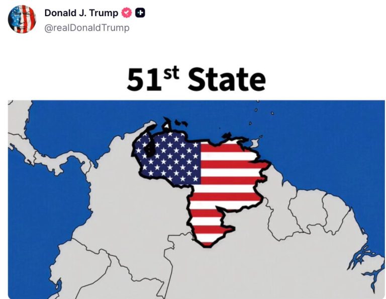 Publica Trump mapa con Venezuela pintada con bandera de EU