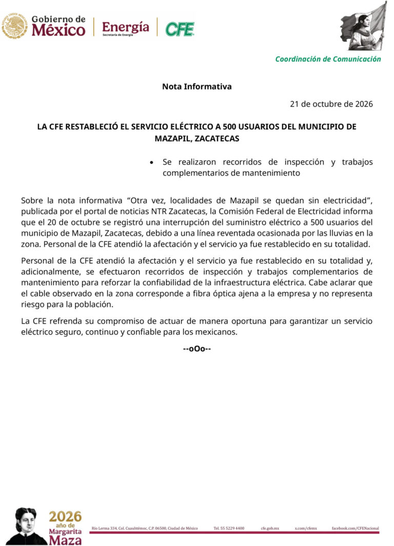 CFE restableció el servicio eléctrico a 500 usuarios del municipio de Mazapil, Zacatecas.